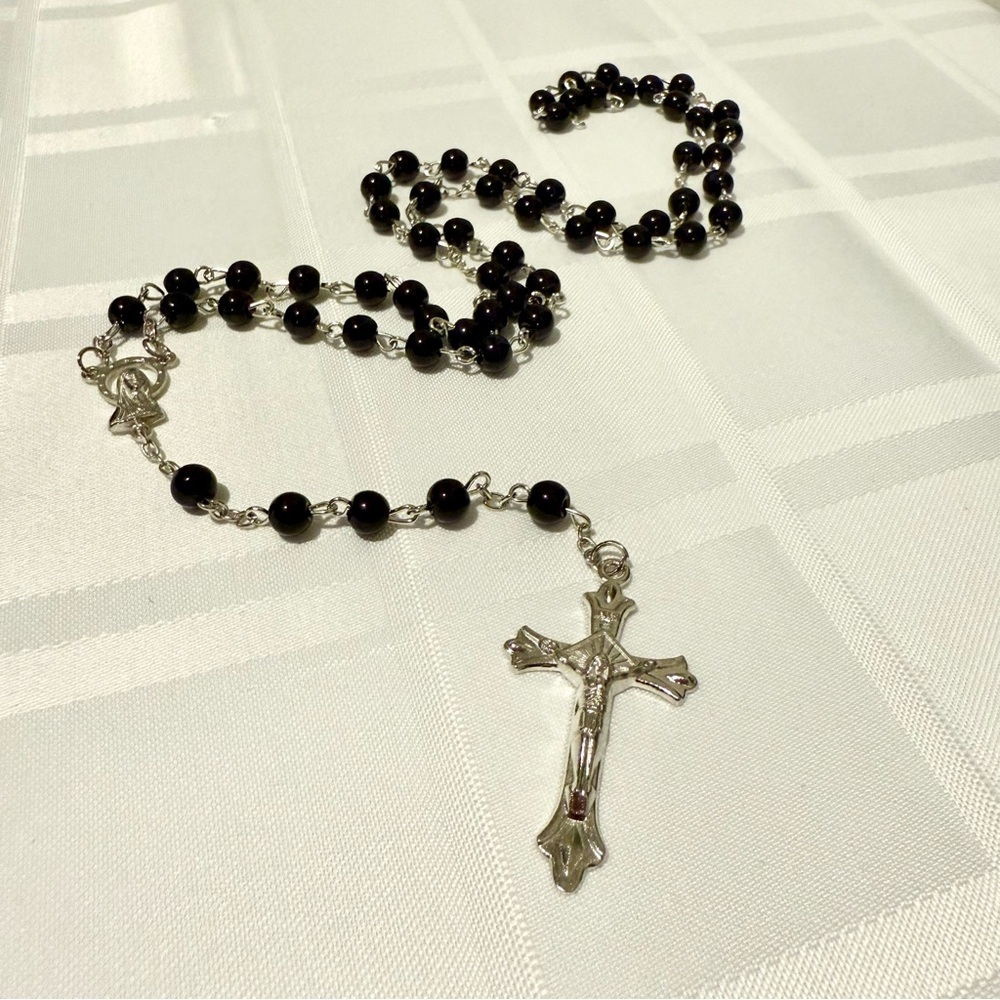 Black Round Pressed Glass Prayer Rosary